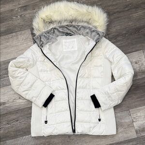 Nautica Women's White Puffer Jacket with Faux Fur Hood